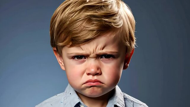 Portrait of grumpy sad child frowning and making a face