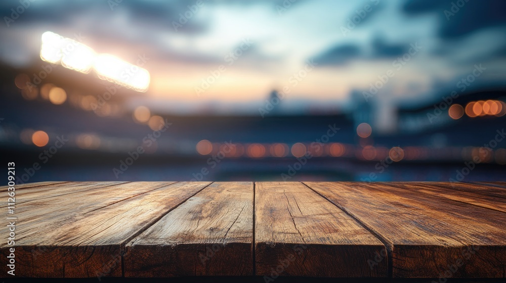 Poster focused shot of a wooden table with the lively atmosphere of a baseball stadium blurred in the dista