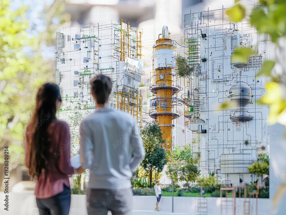 Poster modern urban architecture with colorful details and green spaces