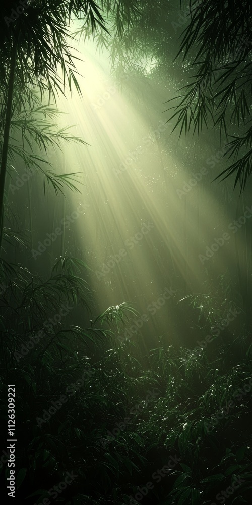 Aufkleber sunlight streams through lush green bamboo, creating an enchanting atmosphere in a serene forest.
