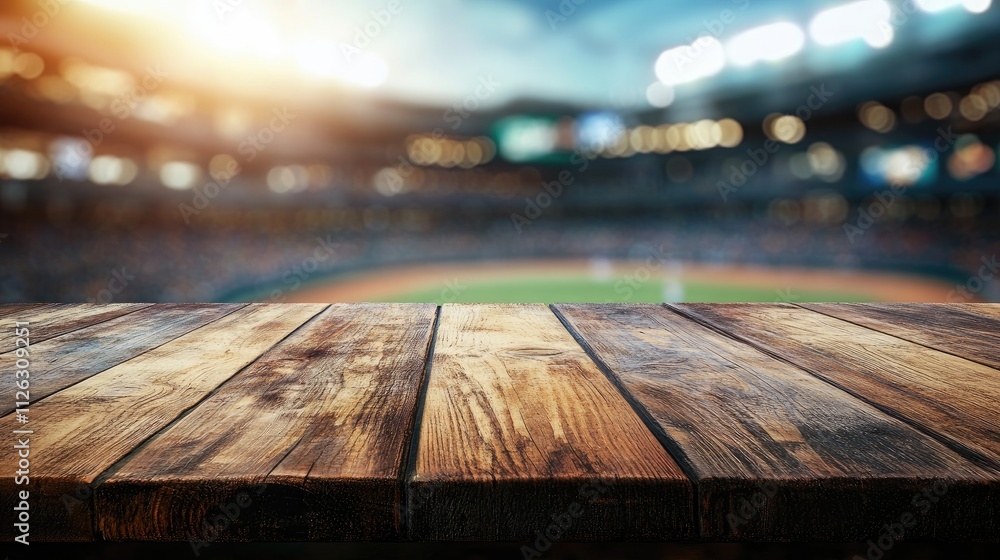 Poster focused shot of a wooden table with the lively atmosphere of a baseball stadium blurred in the dista