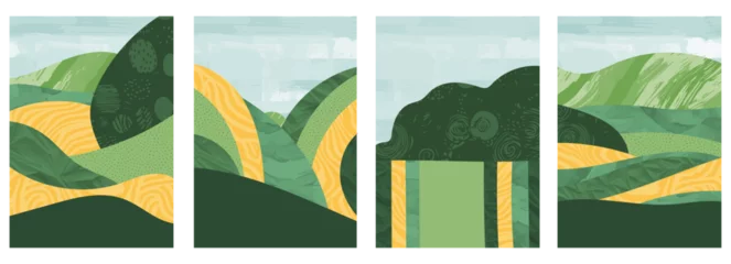 Gardinen Abstract green collage background vector illustration of field, farm, rice plant. Simple, eco-friendly design with organic texture. Vintage style, modern pattern, minimalist landscape, cover, eco set © Maria Petrish