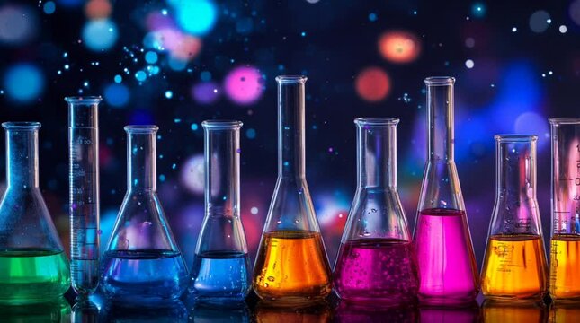 Erlenmeyer with colorful liquid, science background