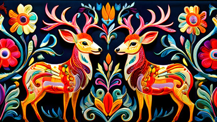 A pair of colorful deer with elaborate Otomi embroidery patterns, surrounded by swirling floral motifs and vines