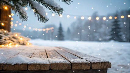 Fototapeta premium Snowy Wooden Table With Defocused Lights - Abstract Christmas Background 