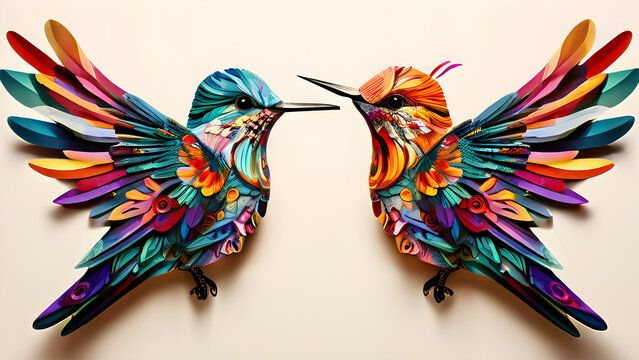 A pair of hummingbirds facing each other, their wings adorned with geometric Otomi patterns