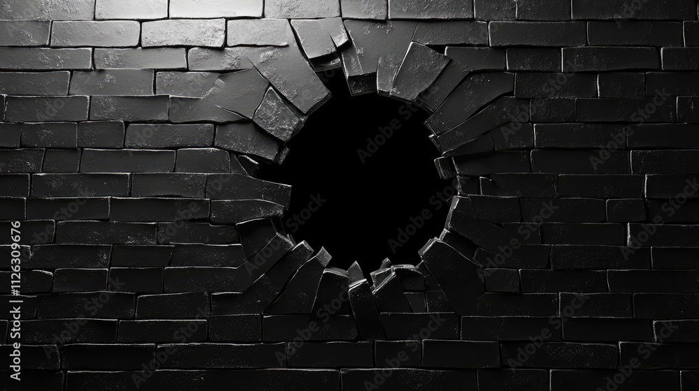 Poster glowing cracks radiate from a black hole breaking through a glossy black ceramic brick wall, highlig