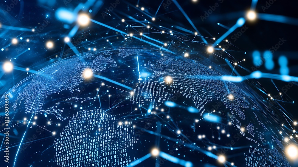 Poster digital globe surrounded by binary code representing the global network connection
