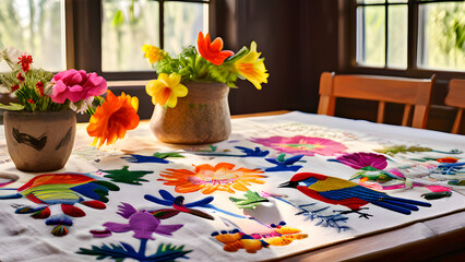 A traditional Otomi embroidered tablecloth, adorned with brightly colored birds, flowers, and animals, set on a rustic wooden table under soft natural light