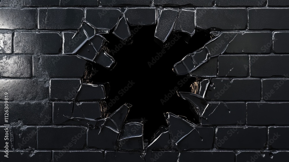 Poster glowing cracks radiate from a black hole breaking through a glossy black ceramic brick wall, highlig