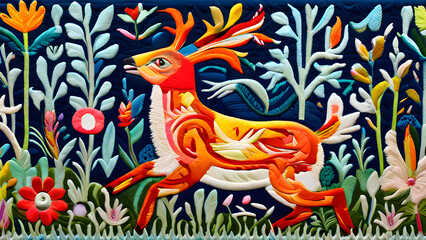 An Otomi-inspired tapestry brought to life, with embroidered animals leaping off the fabric into a lively meadow
