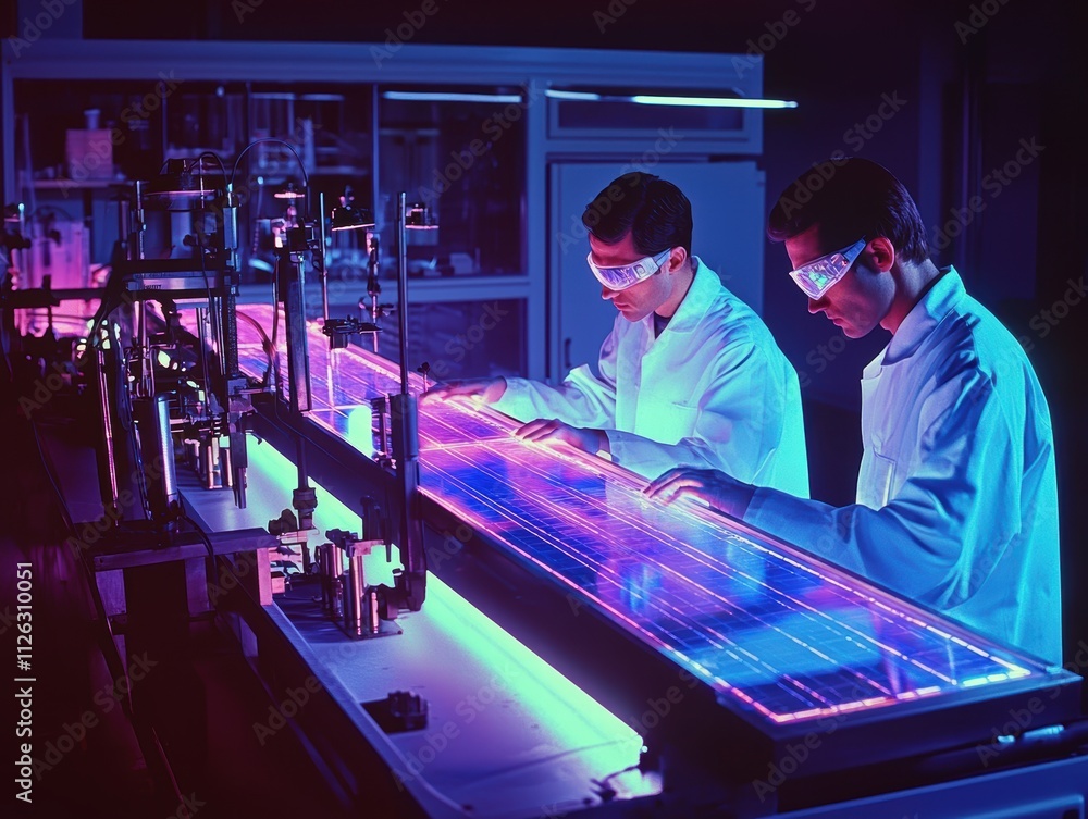 Poster scientists conducting experiments in a high-tech laboratory setting