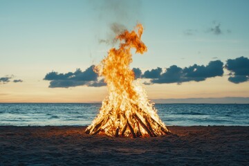 Naklejka premium A vibrant bonfire on the beach at dusk, with flames dancing against the serene ocean and colorful sky.