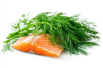 Fresh salmon fillets stacked beside fragrant dill on a white background
