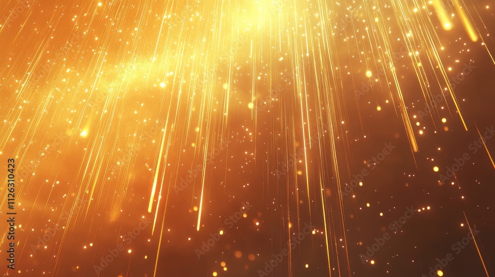 Poster Golden falling stars streak through the sky, with shimmering bokeh lights blending seamlessly into a warm orange backdrop, creating a dreamy atmosphere.
