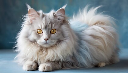 Fototapeta premium a fluffy white cat with yellow eyes and a blue stripe on its face.