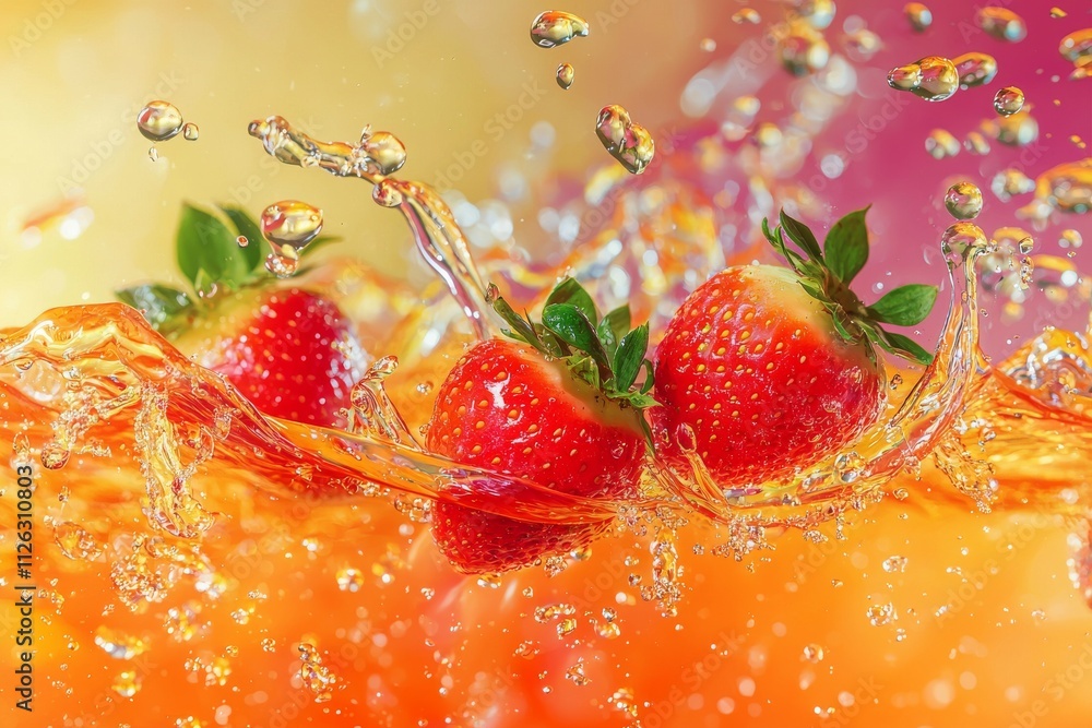 Poster fresh red strawberries splash into vibrant orange liquid, creating a refreshing and dynamic scene.