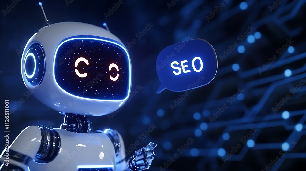 Poster friendly robot with seo text bubble representing artificial intelligence in digital marketing