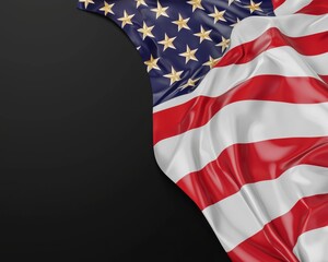 Obraz premium A flowing American flag with vivid colors, stars, and stripes against a sleek black background.