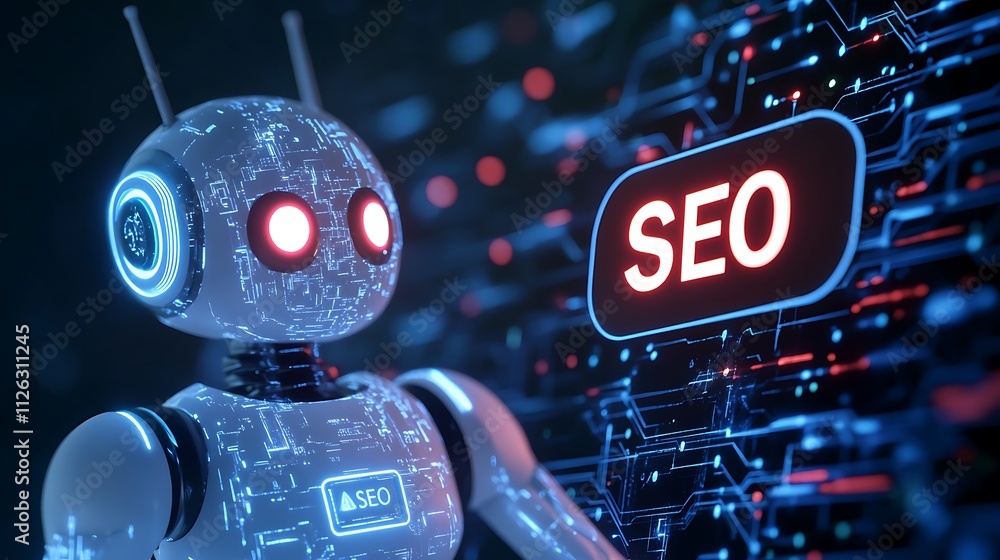 Poster friendly robot with seo text bubble representing artificial intelligence in digital marketing