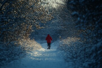 A lone figure walks down a snowy path through a tranquil forest. The bright red jacket stands out beautifully against the winter scenery. Explore the serenity. Generative AI