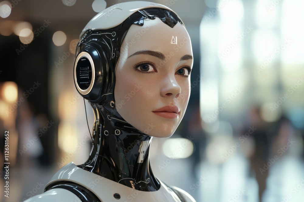 Poster a close-up of a lifelike humanoid robot with striking features and a sleek design, showcasing advanc