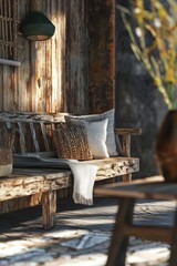 Naklejka premium A rustic wooden bench with cozy cushions, bathed in soft sunlight, evokes a serene and inviting atmosphere.
