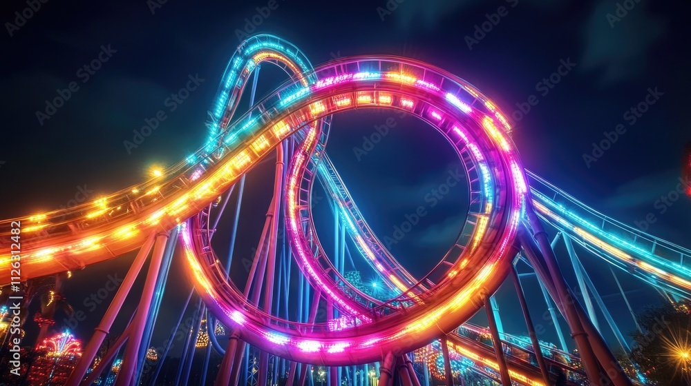 Poster long exposure shot of rollercoaster light trails creating dramatic curves and loops, illuminating th