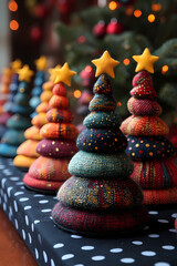 An image of plaid Christmas trees with a black and white polka dot background and bright reds and yellow stars at the top of the tree.