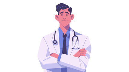 Fototapeta premium Man in a white lab coat is standing with his arms crossed. He is wearing a tie