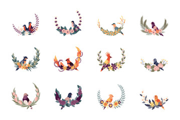 Round flower birds frames, vintage wreath with blossom. Folk art, ornamental frame with floral composition. Bright illustration, can be used as creating or invitation card