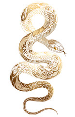 Fototapeta premium Chinese white snake with golden patterned skin. Chinese New Year 2025 zodiac sign. Isolated clipart