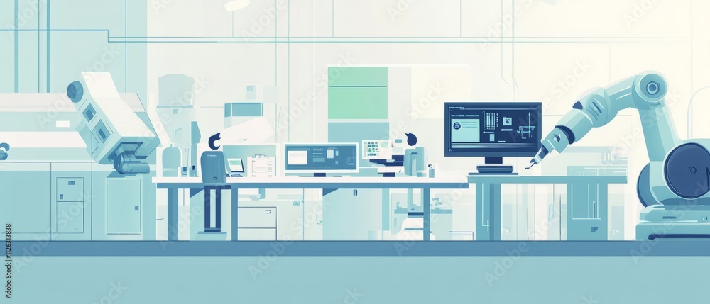Poster vector illustration, a production line with workers, automation and user interface concept: user con