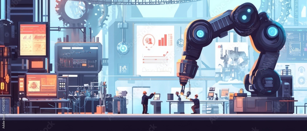 Poster vector illustration, a production line with workers, automation and user interface concept: user con