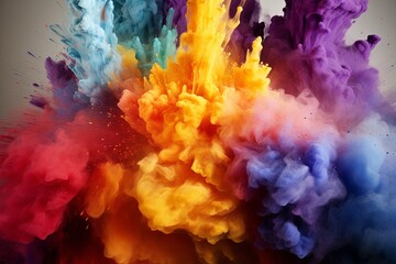 Fototapeta premium Vibrant color explosion with orange, yellow, blue, and pink clouds on a black background. Abstract dynamic art for posters and prints.