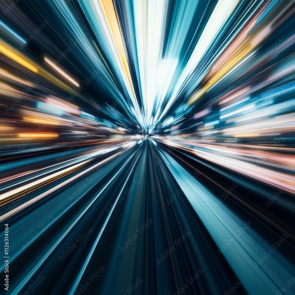 Poster Abstract scene of light trails zooming forward, creating a dynamic sense of speed and motion in vibrant blue and yellow tones.