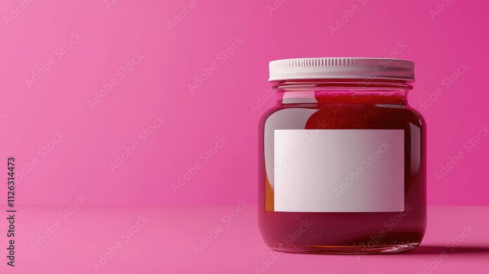 Poster professional mockup of raspberry jam in a glass jar with a blank white label, perfectly centered on 