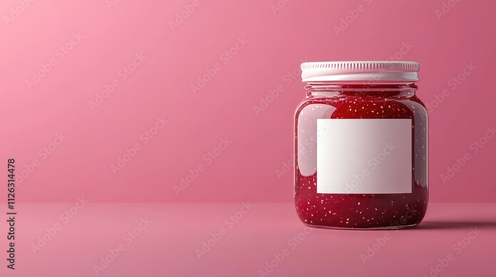 Poster professional mockup of raspberry jam in a glass jar with a blank white label, perfectly centered on 