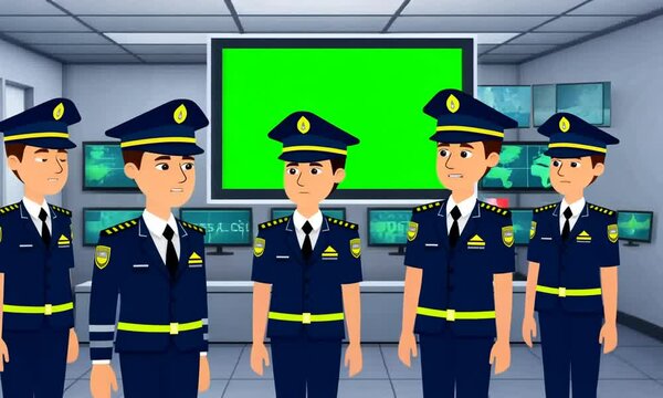 cartooon Customs officers monitoring screens in a high-tech control room, with a green screen background