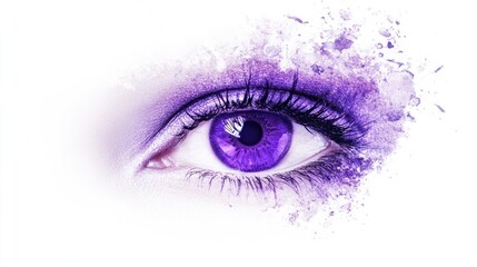 Close-up of a vibrant purple eye with abstract paint splatter.