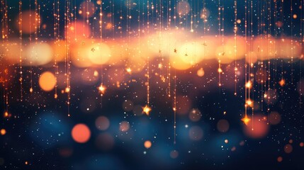 Fototapeta premium Radiant golden falling stars illuminate the night, surrounded by sparkling bokeh lights, blending perfectly into a warm orange horizon.