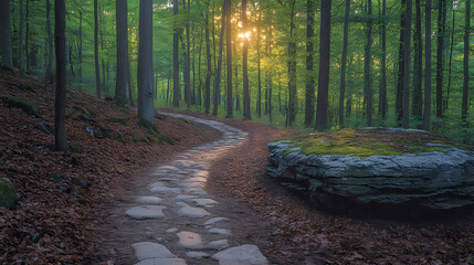 Obraz premium Curving behind a large rock formation is a forest-lined path