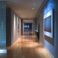Obraz premium modern hallway with artwork and ambient lighting