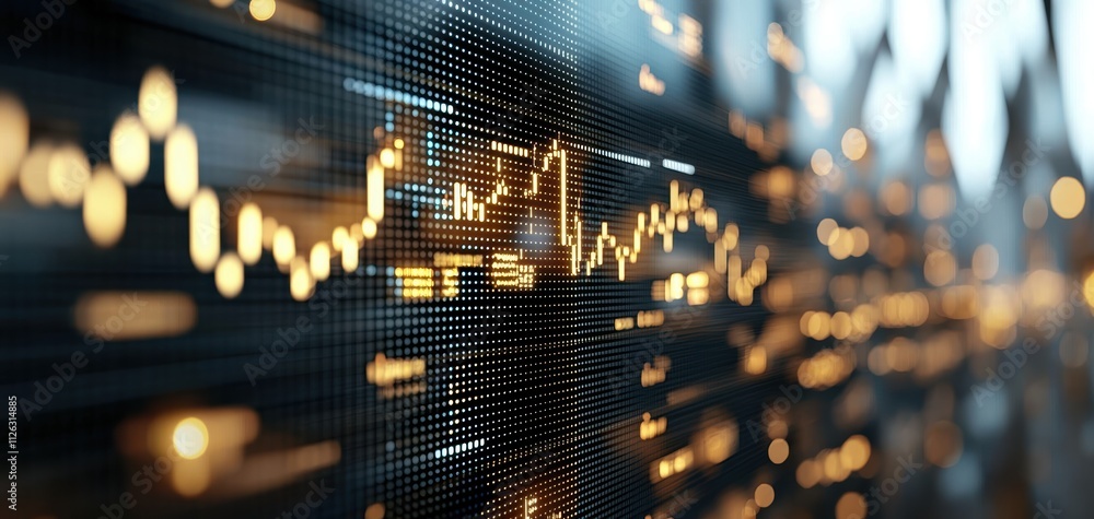 Poster A close-up view of a digital display showcasing fluctuating financial data with glowing elements, representing market trends and analytics.