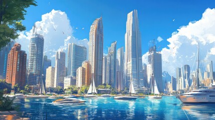 Fototapeta premium Coastal city skyline, high-rise buildings by the waterfront, boats in the harbor, sunny weather,