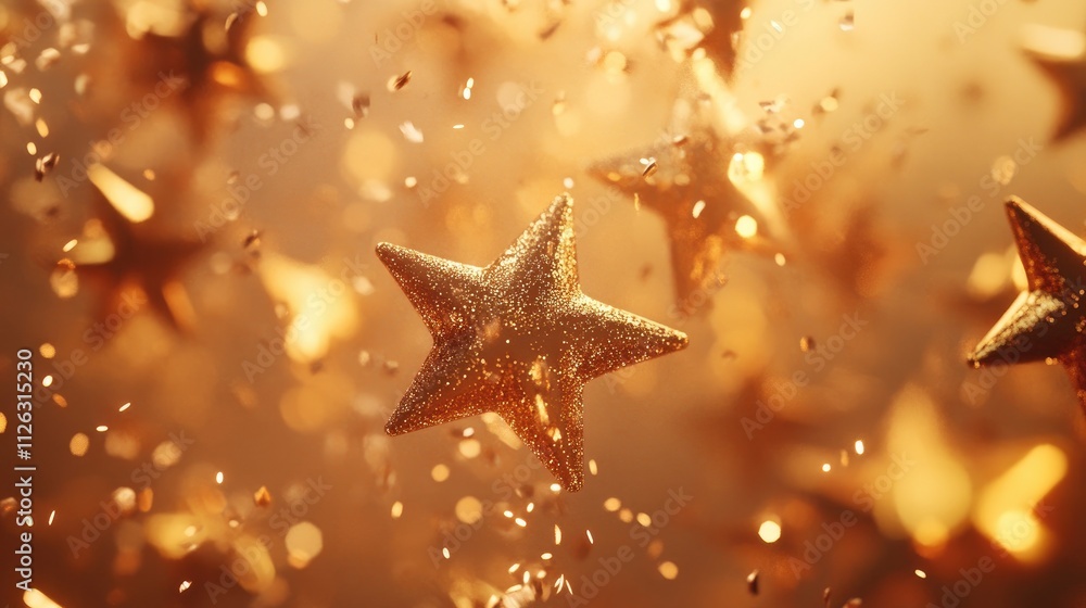 Poster radiant golden stars fall from the sky, merging with sparkling bokeh lights, set against a soft, war
