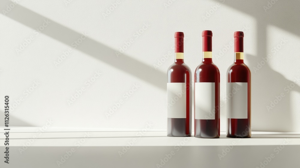 Poster Red and white wine bottles arranged artistically on a pristine white backdrop, featuring empty labels, ready for customization and design.