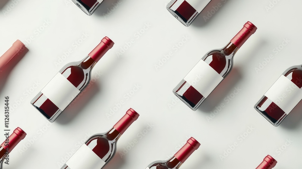 Poster Red and white wine bottles arranged artistically on a pristine white backdrop, featuring empty labels, ready for customization and design.
