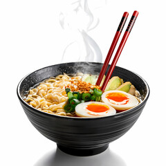 Steaming Hot Ramen Noodle Soup with Soft Boiled Eggs  Green Onions  and Chopped Garlic