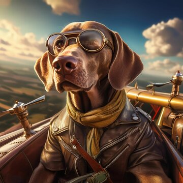 Un perro volando en biplano